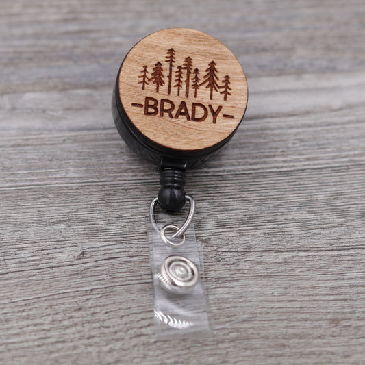 Pine Trees Badge Reel with Name