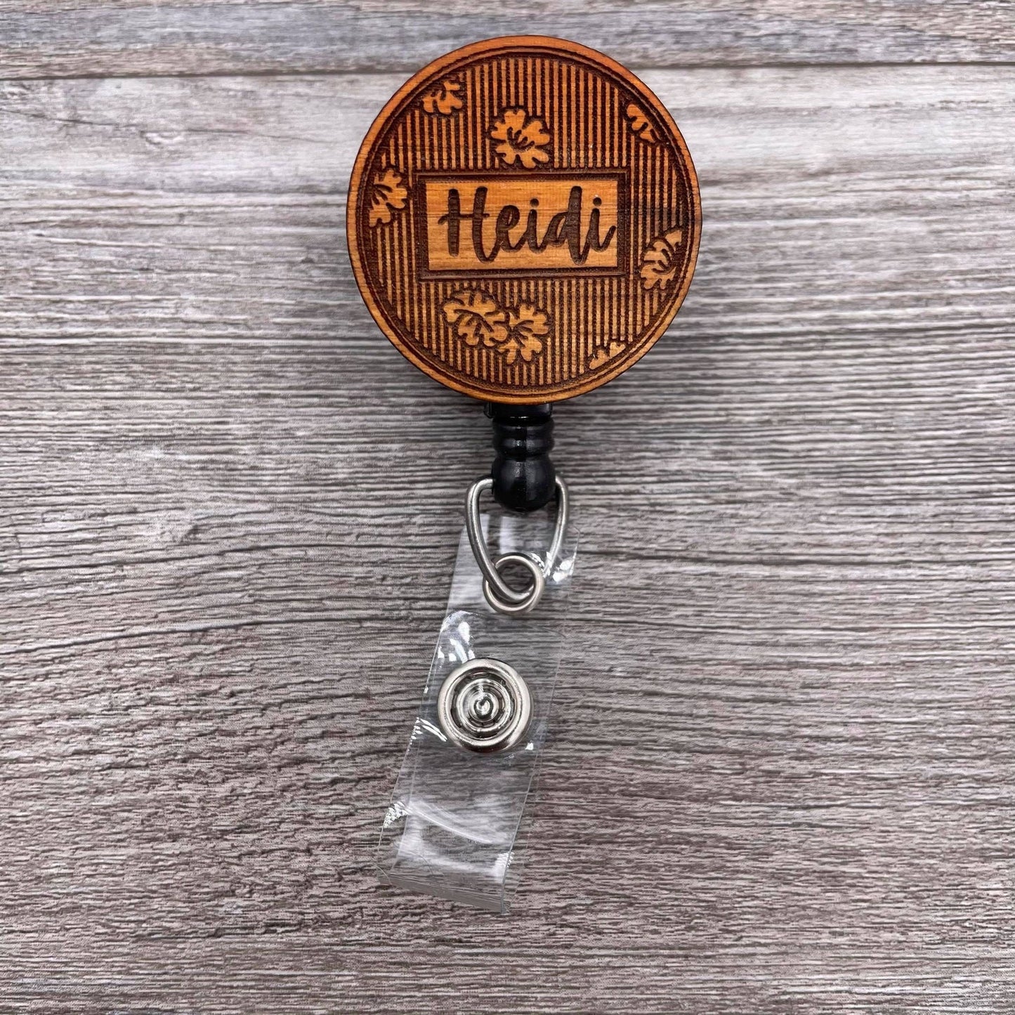Striped Floral Badge Reel with Name