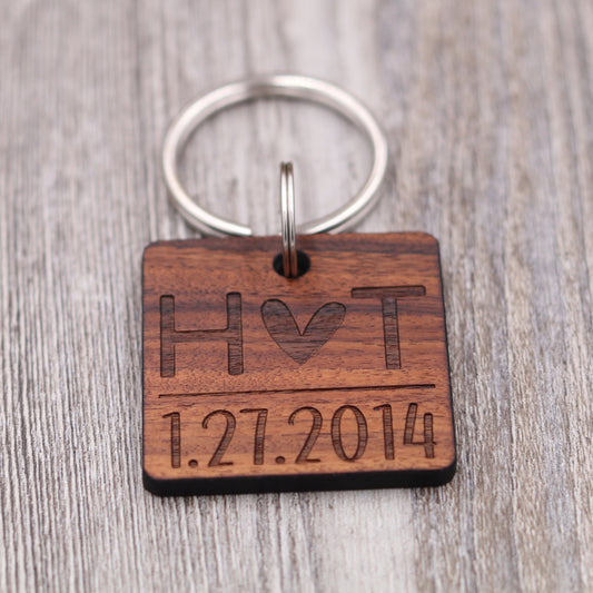 Initials and Date Heart Keychain (Square)